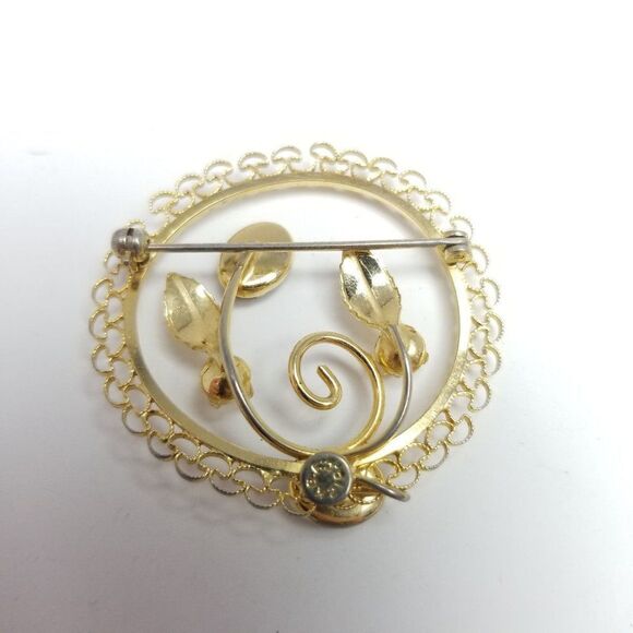 Vintage 12k Yellow Gold Filled Circle Brooch, Green Cabochon Faux Pearl Center - Picture 2 of 5